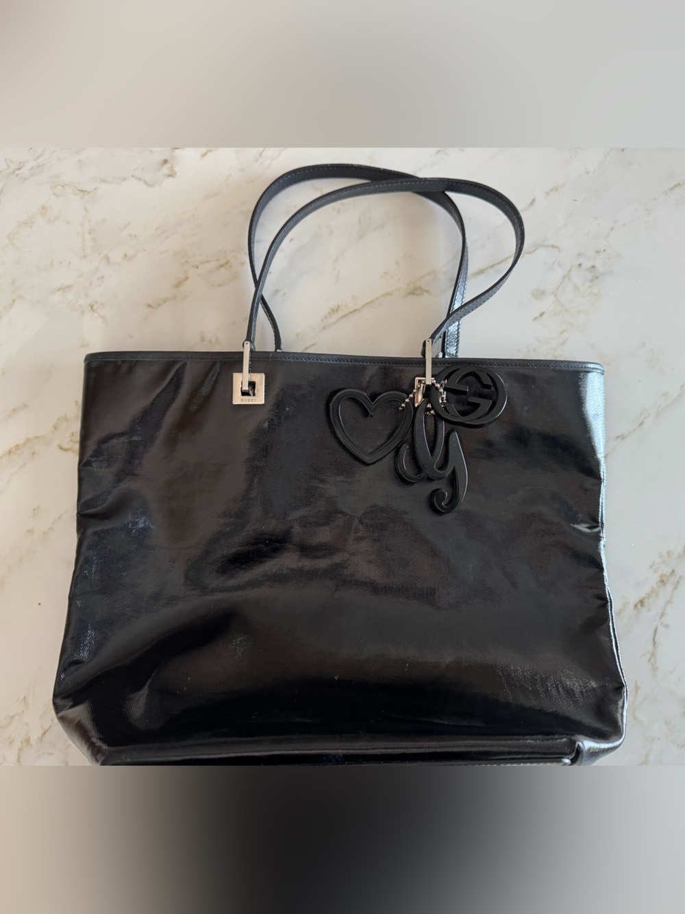AUTHENTIC GUCCI Black Patent Leather Tote Bag with Logo Charm